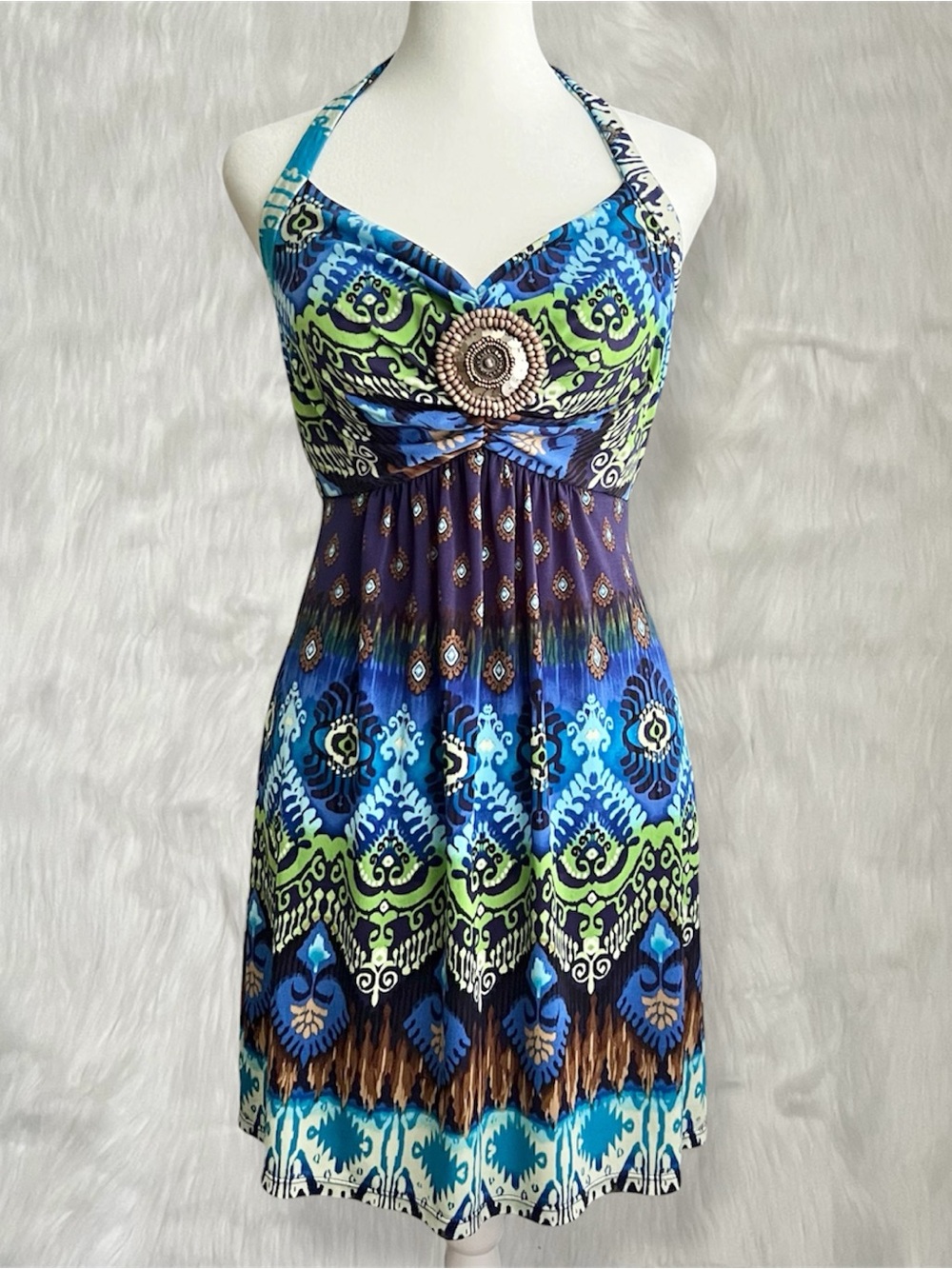 Isadora Collection Blue & Green Halter Neck Mini Dress With Embellished Detail